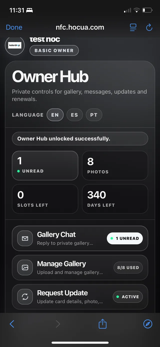 Owner Hub with unread Gallery Chat message