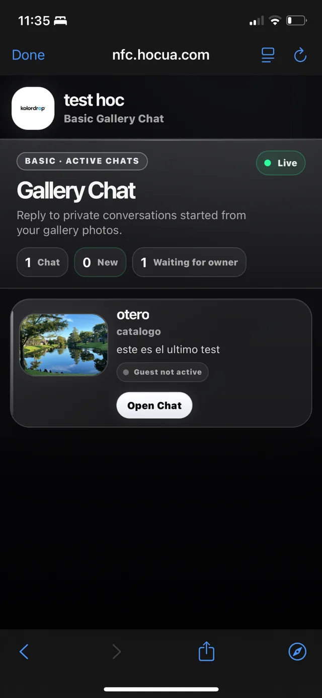 Owner Gallery Chat panel with Open Chat button